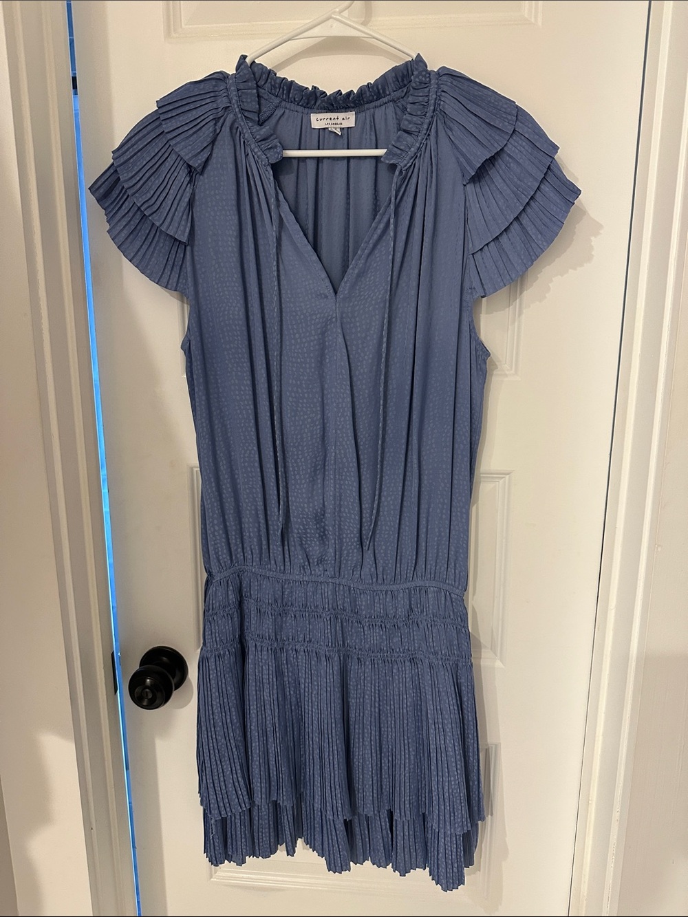 Current Air Dusty Blue Pleated V-Neck Dress